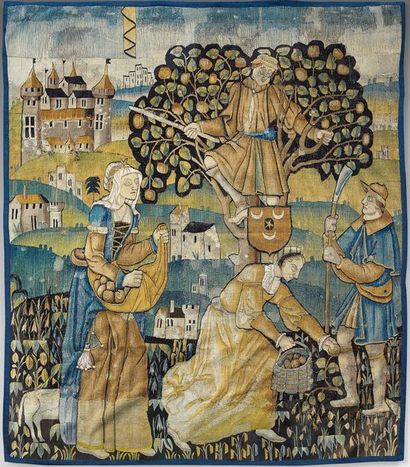 null Tapisserie illustrant «La cueillette des pommes», deux femmes ramassent des...