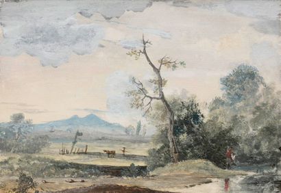 Louis Gabriel MOREAU dit l'Aîné (Paris 1740-1806) 
Paysage aux bergers
Aquarelle.
10,5...