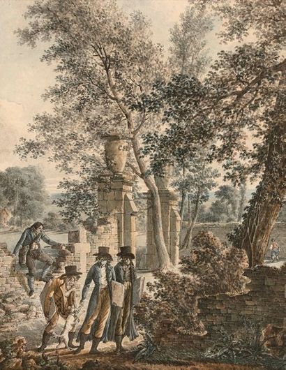 Charles Stanislas LEVEILLE (Paris 1772-Meaux 1833) 
Dessinateurs découvrant les ruines...