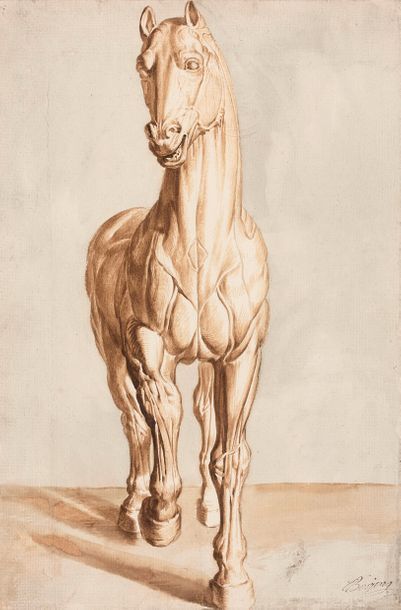 Antoine BERJON (Lyon 1754-1843) 
Un cheval
Lavis brun. Signé en bas à droite Berjon.
41,5...