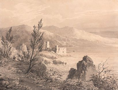 École FRANÇAISE, 1826 
Le château de la Napoule
Plume et encre noire, lavis noir...