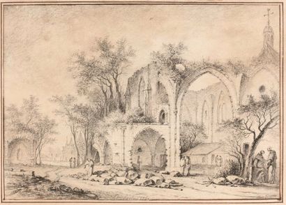 Thomas Aignan DESFRICHES (Orléans 1715-1800) 
Moines et promeneurs près d'une église...