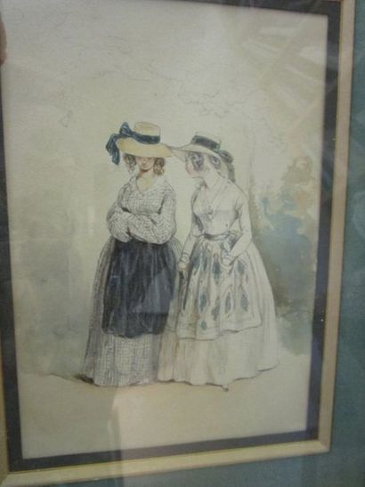Paul GAVARNI (Paris 1804-1866) 
Deux promeneuses portant des tabliers et des chapeaux...
