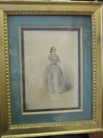 Paul GAVARNI (Paris 1804-1866) 
Jeune femme à la robe bleue, les bras croisés
Aquarelle...