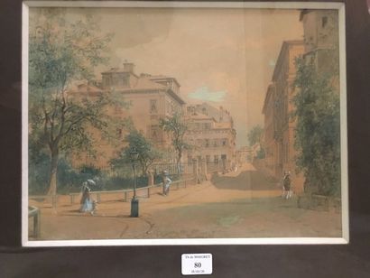 École FRANÇAISE vers 1880 
Promeneurs dans une rue
Gouache sur traits de crayon noir,...