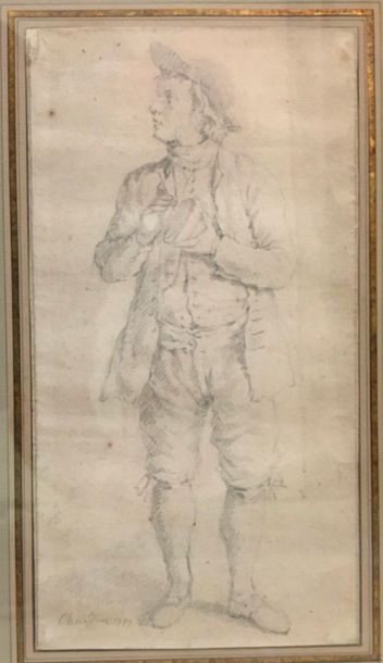 École Française du XIXe siècle 
Study of a man in 18th century
costume Black pencil....