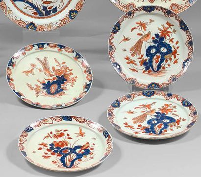 DELFT Four earthenware plates with imari decoration in blue, red and gold called...