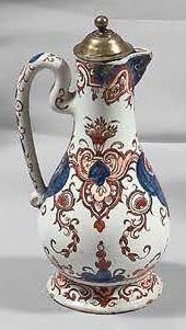 DELFT One-handled earthenware cruet with imari decoration in blue, red and gold called...
