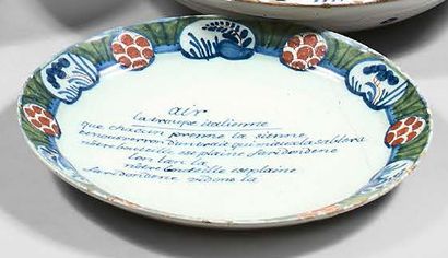 DELFT Earthenware plate with polychrome decoration of a song and plants in hearts...