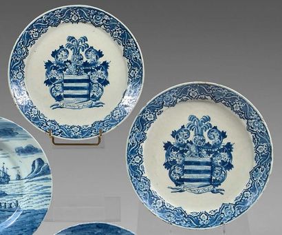 DELFT Pair of earthenware plates with blue monochrome decoration in the center of...