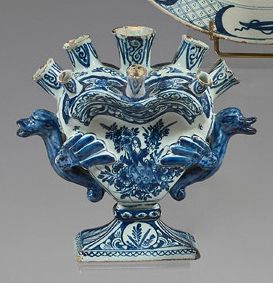 DELFT Tulipière with eight earthenware receptacles decorated in blue monochrome representing...