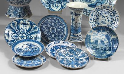 DELFT Earthenware set with blue monochrome decoration composed of seven plates and...