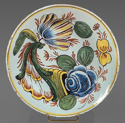DELFT Earthenware dish with polychrome decoration of a flowering cornucopia with...