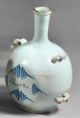 NEVERS White earthenware flask with four passersby decorated with a blue inscription...