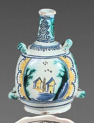 NEVERS Long narrow neck bottle with four earthenware passageways, decorated in polychromy...
