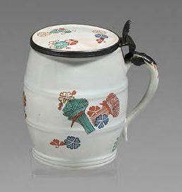 CHANTILLY Mustard pot and its porcelain lid in the shape of a barrel with a probably...
