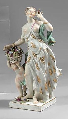 MEISSEN Four porcelain statuettes representing the Seasons, each standing on a square...