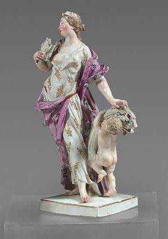 MEISSEN Four porcelain statuettes representing the Seasons, each standing on a square...