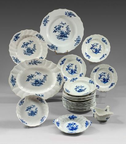 TOURNAI Table service in soft porcelain, with floral decoration in blue monochrome...