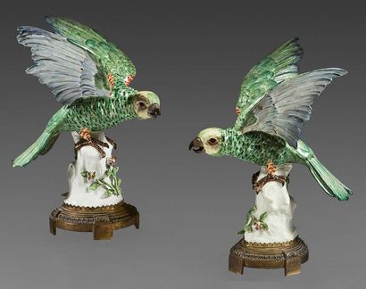 PARIS, Manufacture de SAMSON Pair of green feathered parrots decorated with red,...