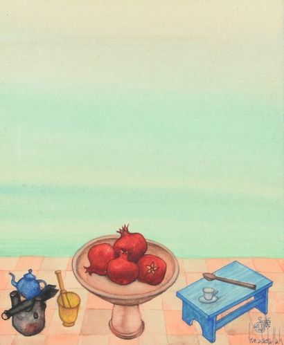 Jellal BEN ABDALLAH (Tunis, 1921-2017) Still life with pomegranate dish, teapot on...