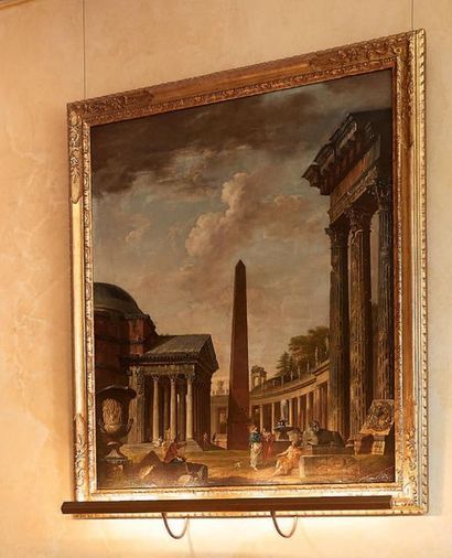 ATTRIBUÉ À PIERRE-ANTOINE DEMACHY (1723-1807) 
Vue imaginaire de Rome animée de personnages
Huile...
