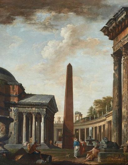 ATTRIBUÉ À PIERRE-ANTOINE DEMACHY (1723-1807) 
Vue imaginaire de Rome animée de personnages
Huile...
