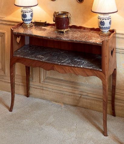 null Snack table in rosewood veneer on all sides, the tops in red marble with white...