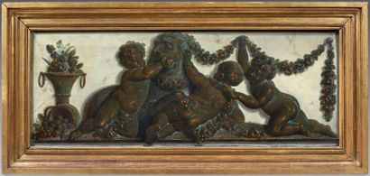 Suiveur de Piat Joseph SAUVAGE (1744-1818) 
Triumph of putti
Oil on panel.
(Accidents...