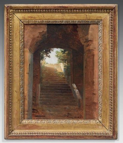 Attribué à Charles-Auguste VAN DEN BERGHE (1798-1853) 
Escalier à Rome
Huile sur...