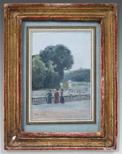 Enrique ATALAYA (1851-1913) 
Animated scene in a park
Oil on paper, signed lower...