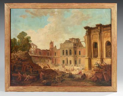 Dans le goût d'Hubert ROBERT (1733-1808) 
Paysage aux ruines animées de personnages
Huile...