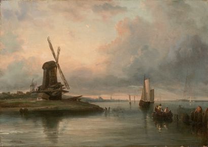 Attribué à REMOND Jean-Charles-Joseph (Paris 1795-id.; 1875) 
Moulin au bord de l'estuaire
Huile...