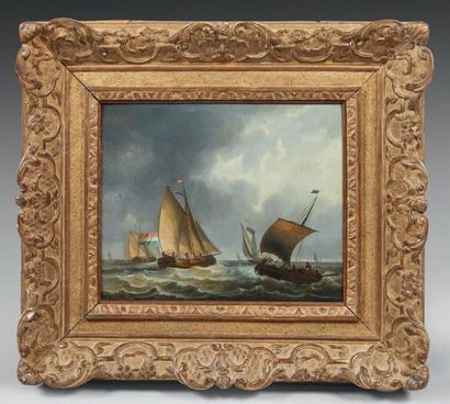 École HOLLANDAISE vers 1800 
Sailboats on a calm
sea Oil on panel.
On the reverse...