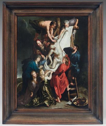 École de RUBENS Pieter-Paul (1577-1640) 
The Descent from the Cross
Oil on copper.
H:...