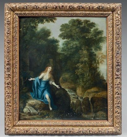 École FLAMANDE (Anvers) du XVIIe siècle 
Landscape at the river with Mary Magdalene
Oil...