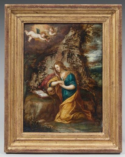 École FLAMANDE (Anvers) du XVIIe siècle 
Mary Magdalene in prayer
Oil on copper.
H:...