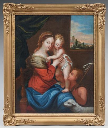 École FRANÇAISE vers 1660 
Vierge à l'Enfant avec Saint Jean Baptiste
Toile.
H: 78,5...