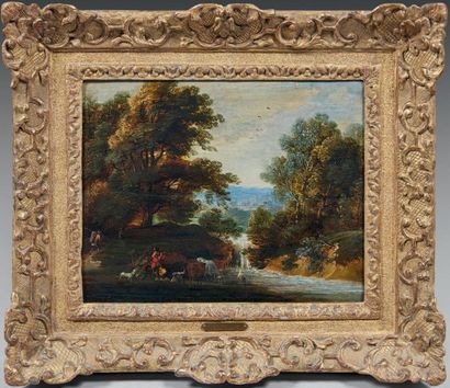 Jacques d'ARTOIS (Bruxelles 1613 - id.; vers 1686) 
Wooded landscape at the river...