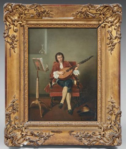 FICHEL Benjamin Eugène (1826 - Pais, 1895) 
Le joueur de luth
Huile sur panneau.
Signé...