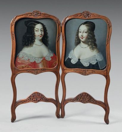 Attribué à BEAUBRUN Charles (1604-1692) 
Portrait of two elegant
Oil on canvas.
(Reinterlining).
Mounted...
