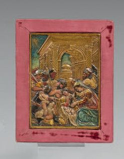 null Chiseled, gilded and polychrome bronze plaque representing the
Nativity in an...