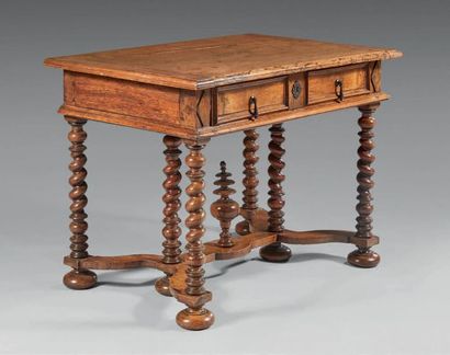 null Moulded or turned walnut table; rectangular in shape, it opens with a large...