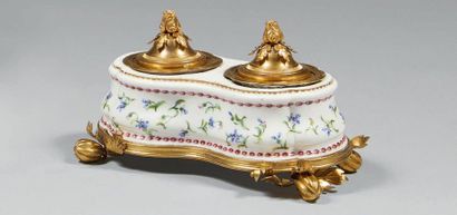 SÈVRES Double porcelain saleron, with later gilded metal mounts forming an inkwell,...