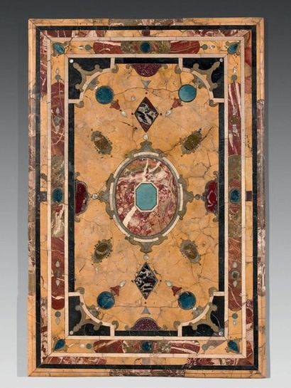 null Rare rectangular tray in marble marquetry, hard stones and engraved brass such...