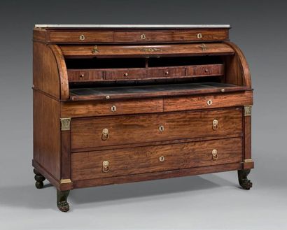 null Mahogany veneer scribbling chest of drawers. The upper part forming a desk opens...