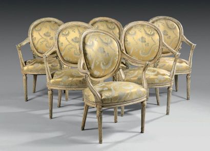 null Suite of six medallion armchairs with backrests in a cabriolet in moulded and...