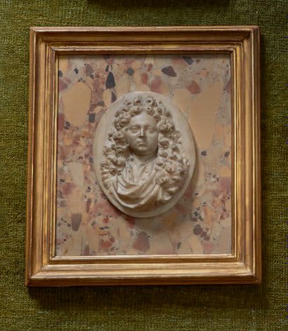 null Médaillon en albâtre, portrait présumé de Louis XIV, sur fond de marbre brèche...