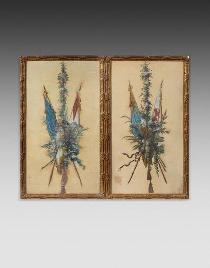 Ecole vers 1900 
Military trophies
Pair of gouaches on fabric, collage.
71 x 42 ...