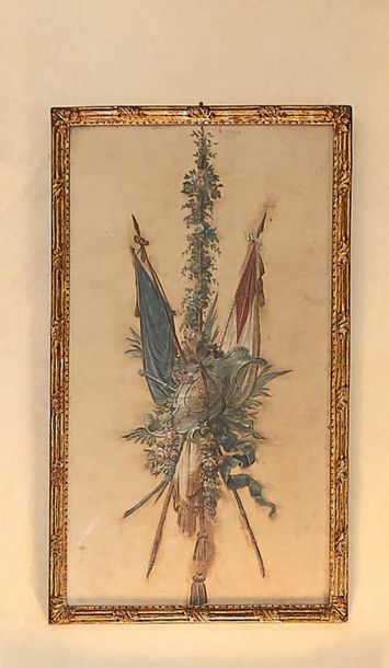 Ecole vers 1900 
Trophées militaires
Paire de gouaches sur tissu, collage.
71 x 42...